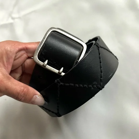 PRANA BLACK LEATHER STITCHED BELT STITCHED SILVER SQUARE BUCKLE SIZE-mens M - Picture 8 of 9